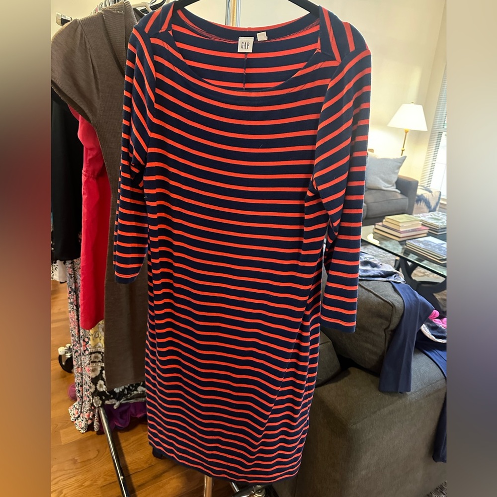 Gap Women's Long Sleeve Cotton Navy Blue and Red Striped Shift Dress, Medium